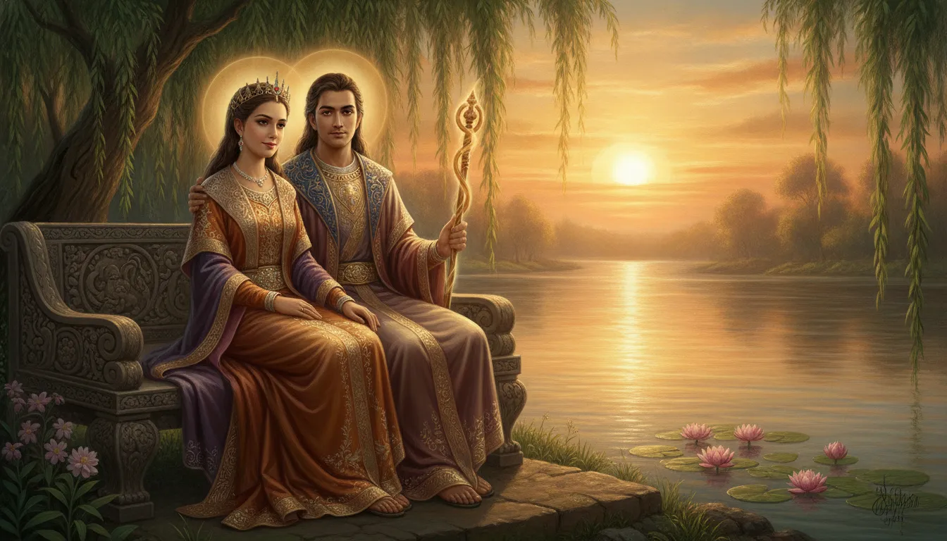 A devotional digital painting of a divine couple sitting peacefully on a stone bench by a calm river at sunset.