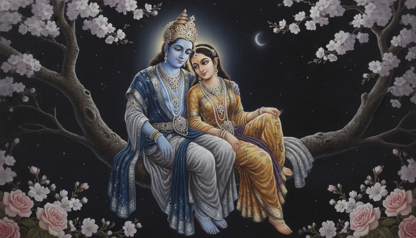 A blue-skinned divine figure and a woman in golden clothing sitting together on a tree branch against a dark background.