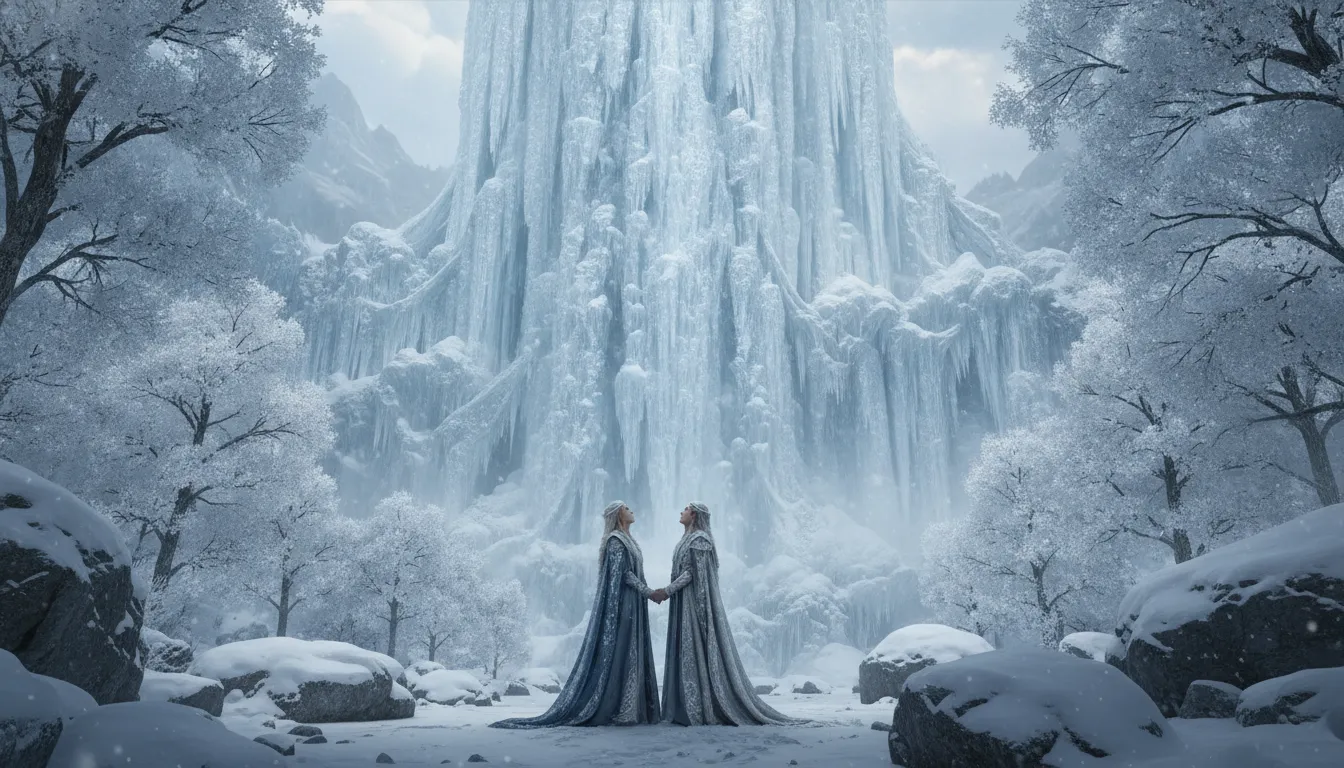 Spiritual couple admiring a massive frozen waterfall surrounded by snow-covered rocks and frosty trees.