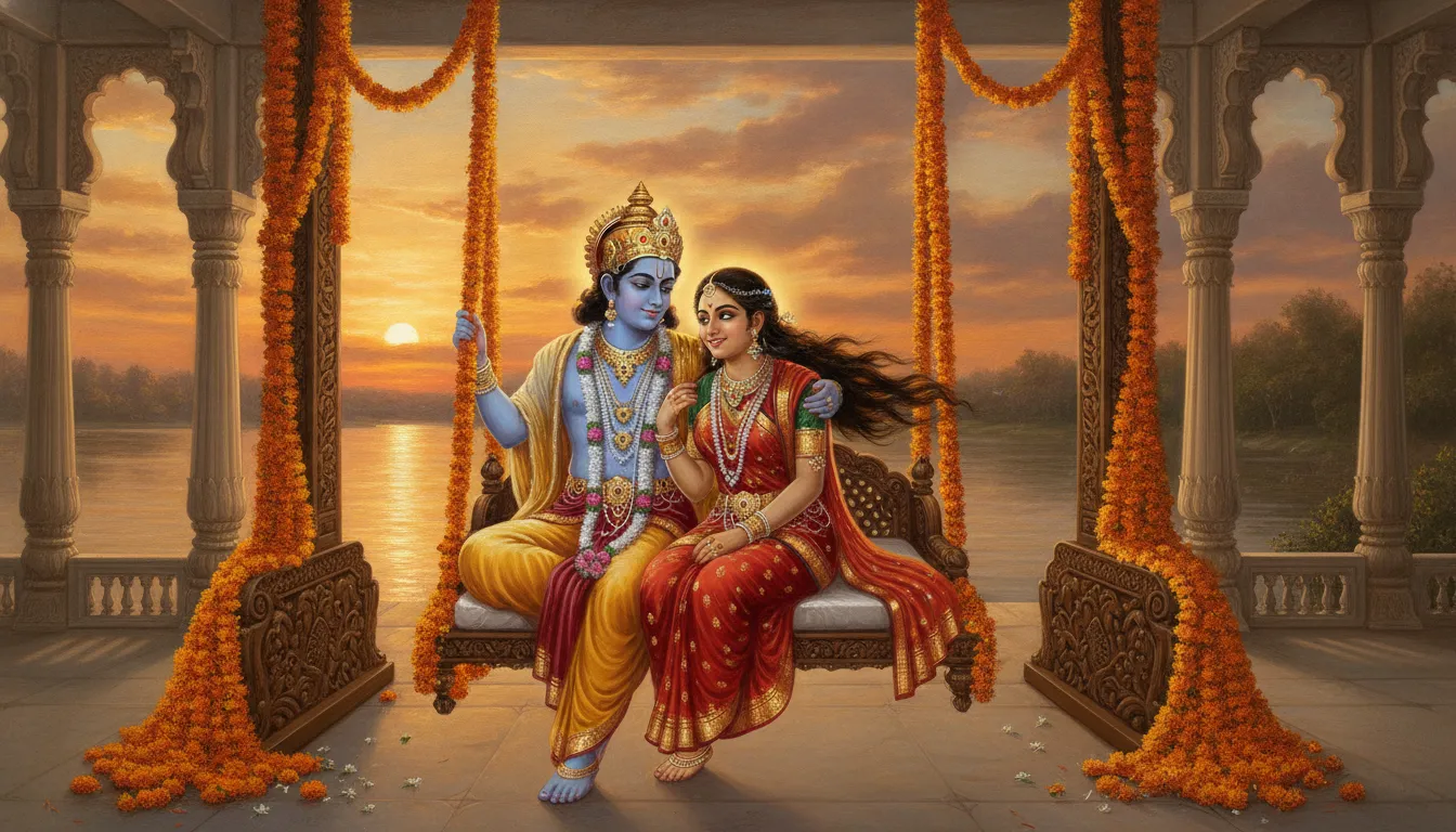 A beautiful couple swinging on a traditional wooden swing decorated with heavy garlands of marigold and jasmine.