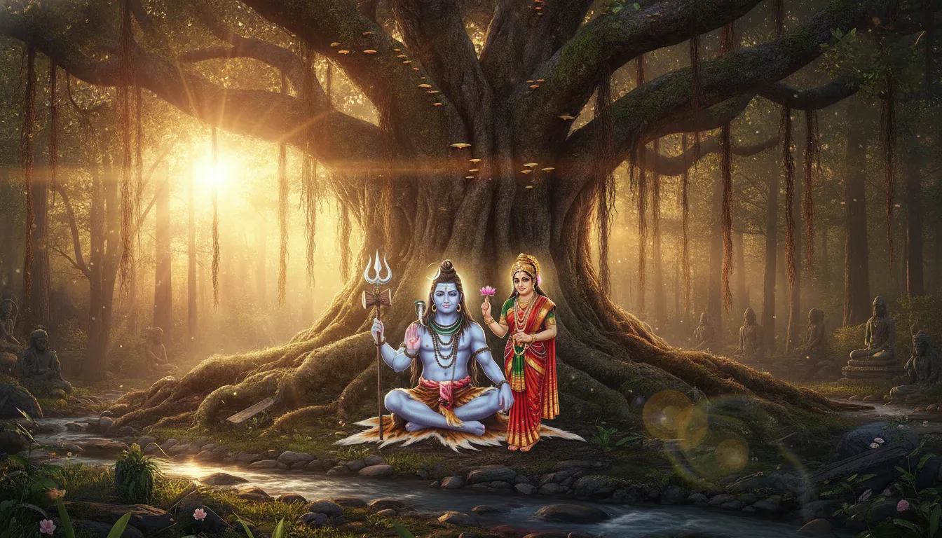Shiva and Parvati blessing nature under a large banyan tree at sunrise