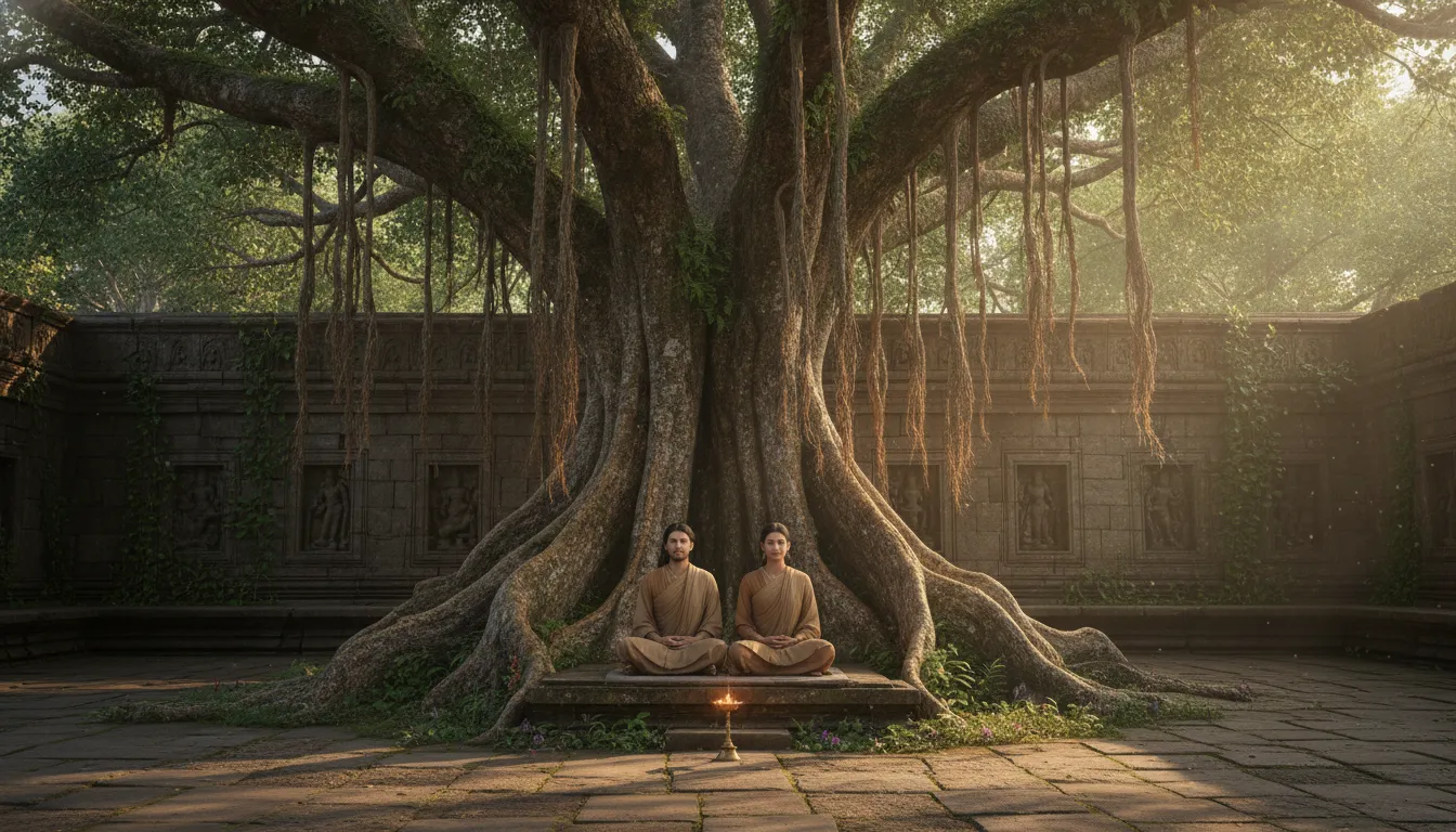 Divine couple meditating under a massive sacred banyan tree inside an ancient temple complex courtyard