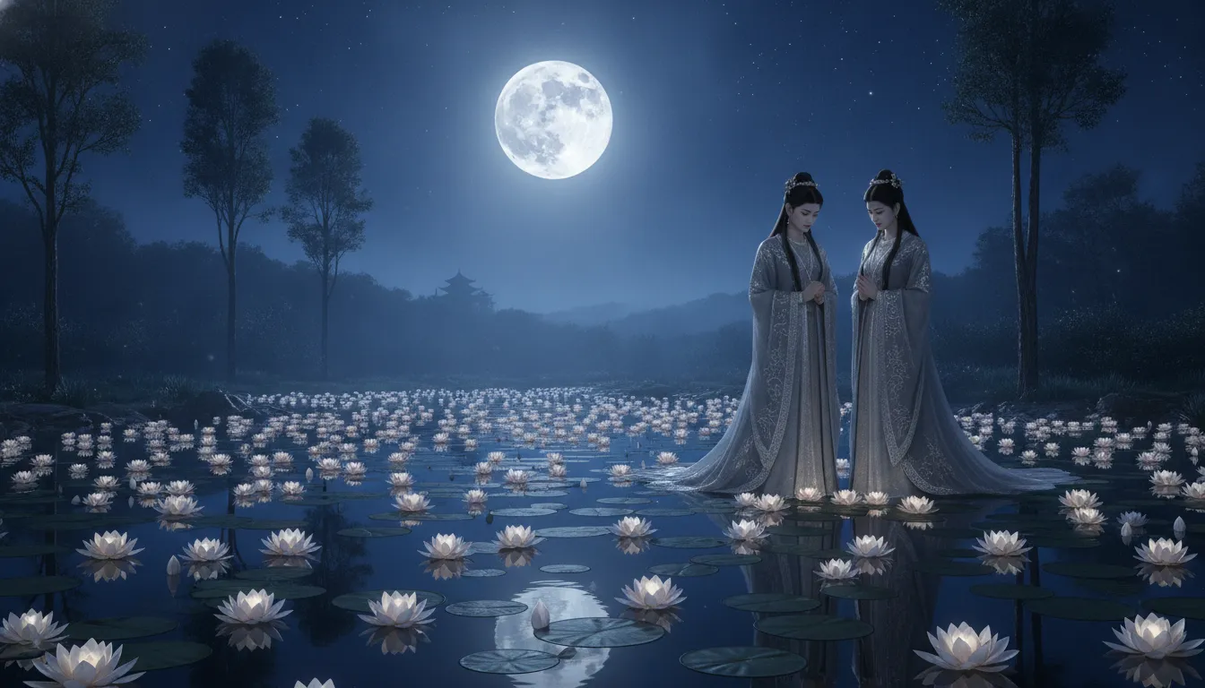 A spiritual art piece showing a divine couple standing together under the full moon next to a pond filled with blooming white lotuses.