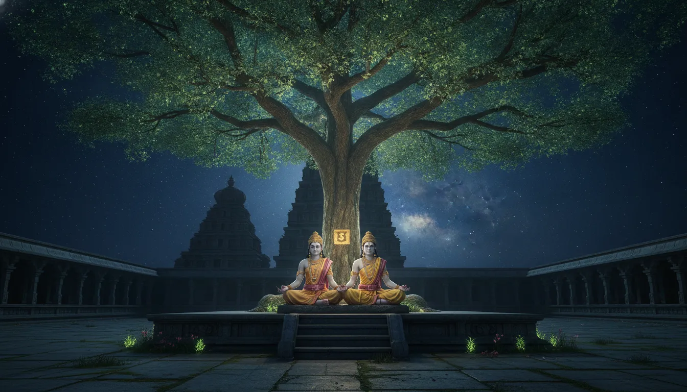 A celestial couple sitting under a glowing tree in a temple courtyard.
