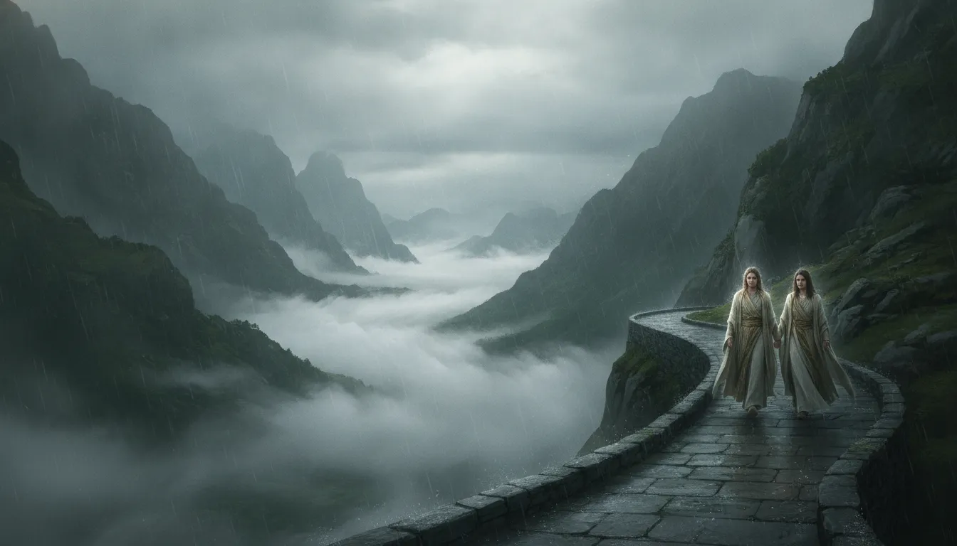 A wide landscape painting of a divine couple walking hand in hand along a misty mountain path during a rain shower.