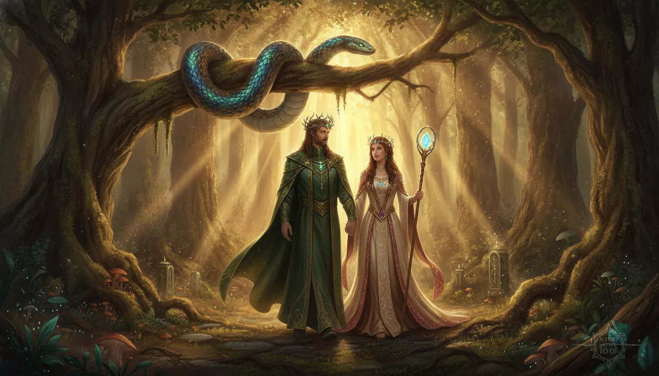 Blue-skinned god and goddess walking through an ancient forest with a serpent guardian during sunset