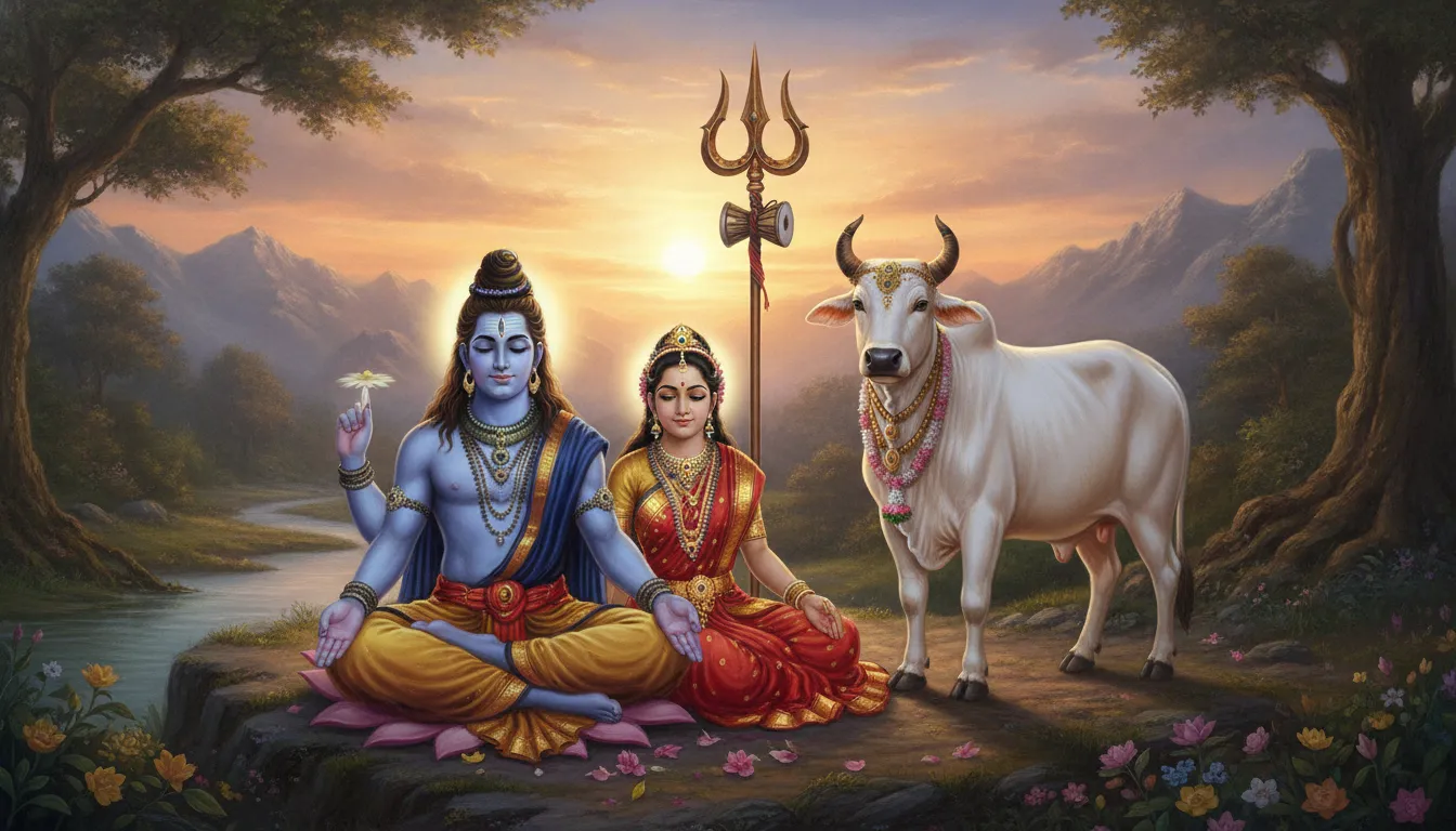 A blue-skinned divine figure and a woman seated next to a white bull and a trident during a glowing golden sunset.