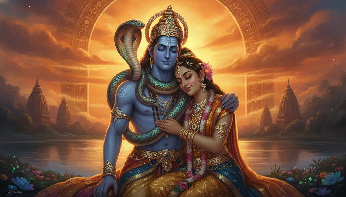 Blue-skinned deity with a serpent on his shoulders and a goddess sitting together against a golden sunset background
