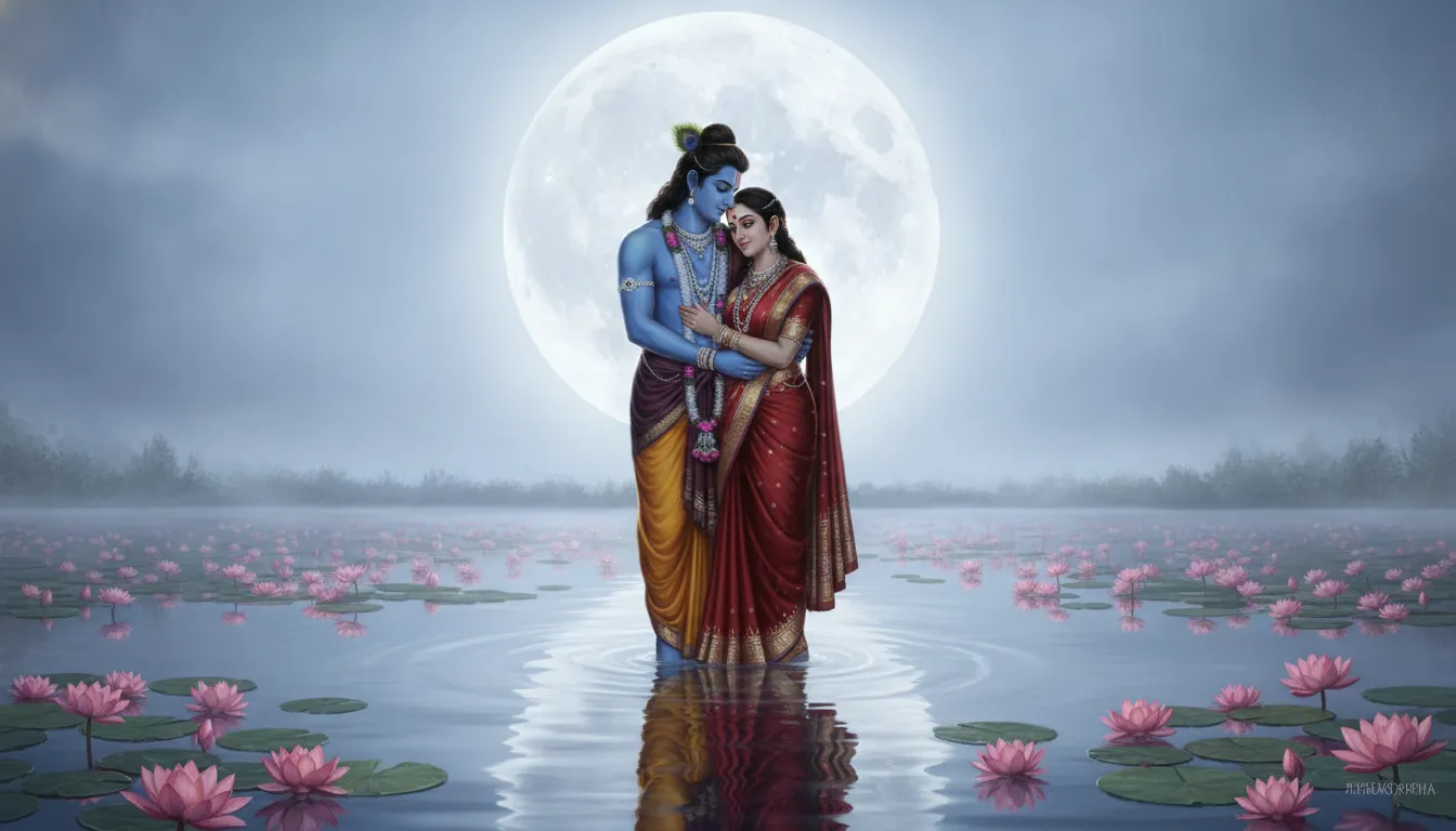A blue-skinned lord and his consort standing together near a glowing pink lotus pond under full moon light.