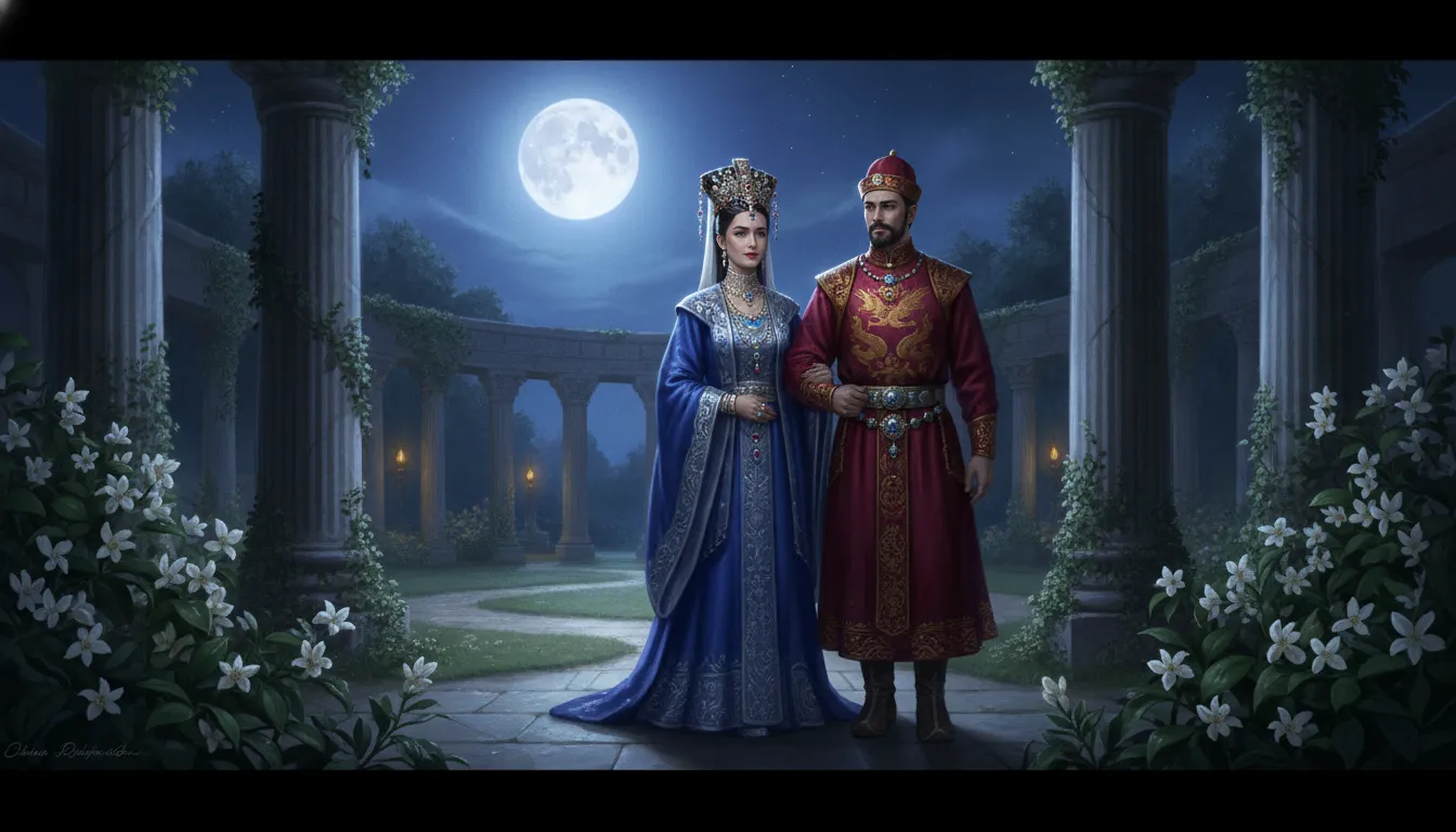 A traditional divine couple walking through a lush palace garden illuminated by a bright full moon.