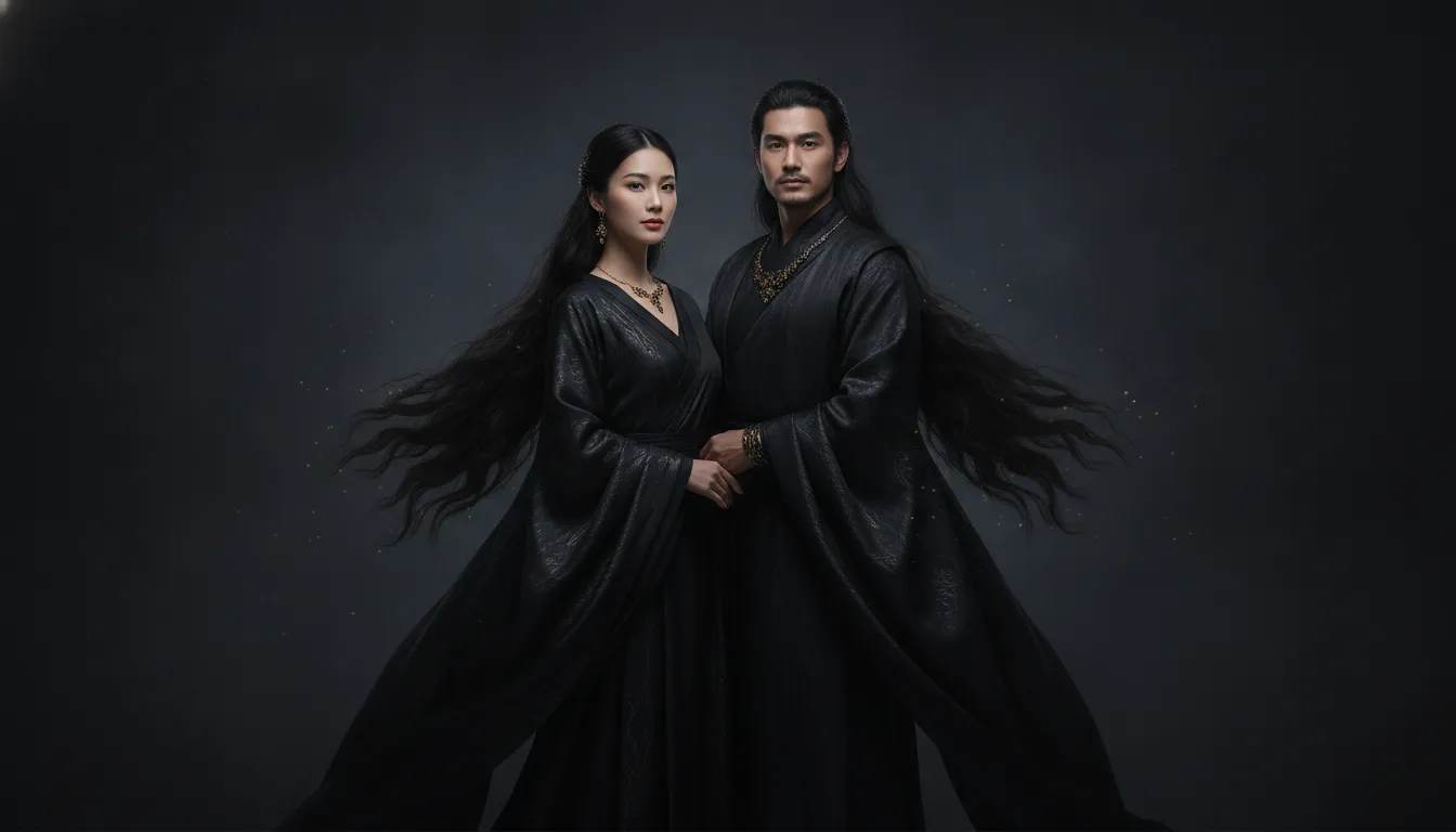 Modern digital illustration of a divine couple in serene black attire with dark textures.