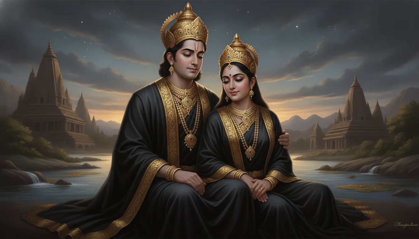 Digital artwork of a divine couple in serene black attire wearing traditional golden jewelry.