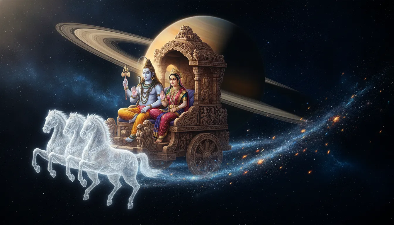 Shiva and Parvati on a celestial chariot passing by the glowing rings of Saturn