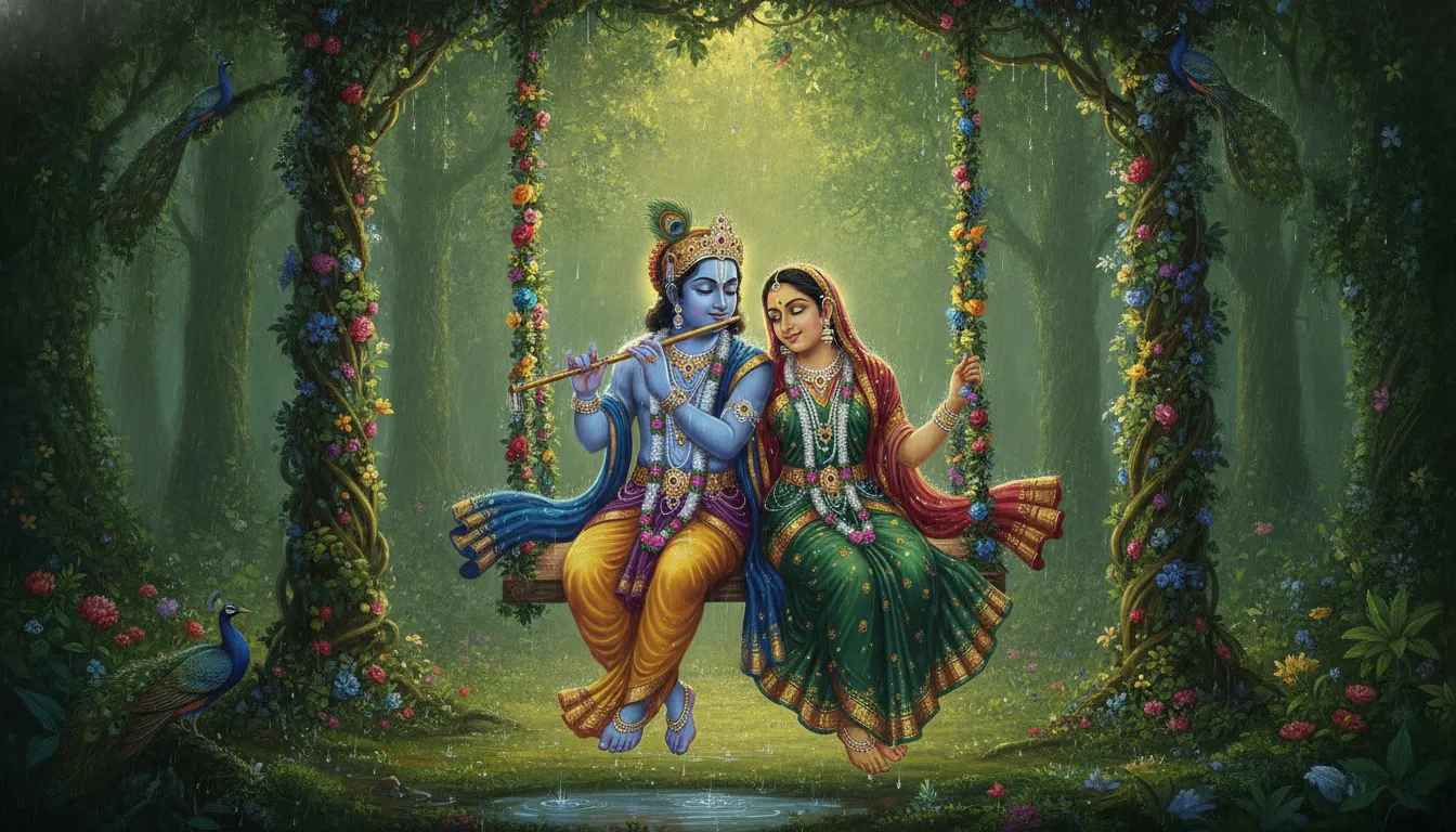 An oil painting style illustration of a divine couple on a decorated flower swing during a gentle forest rain.