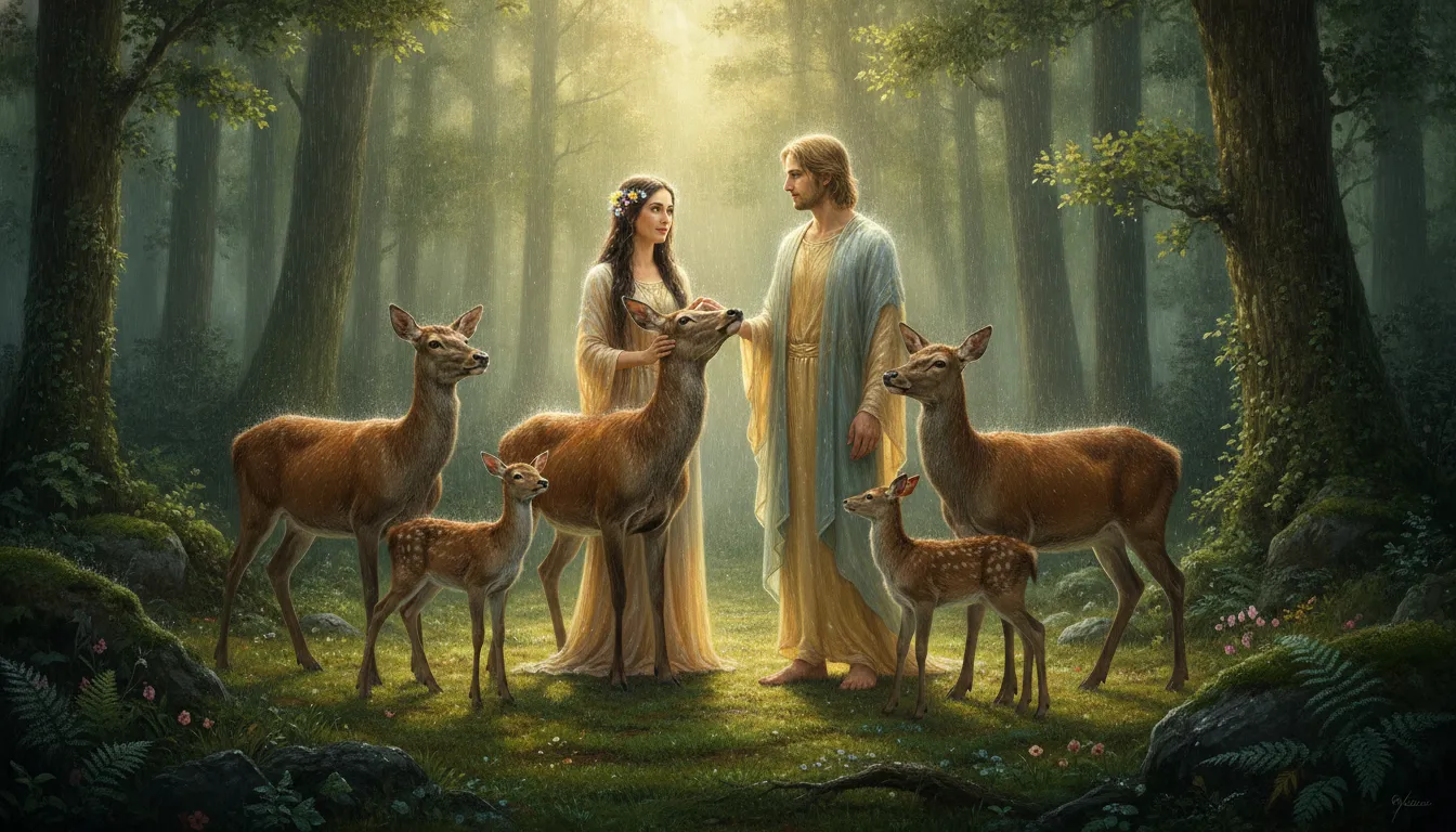 An art piece showing a divine couple standing in a rainy forest clearing surrounded by peaceful wild deer.