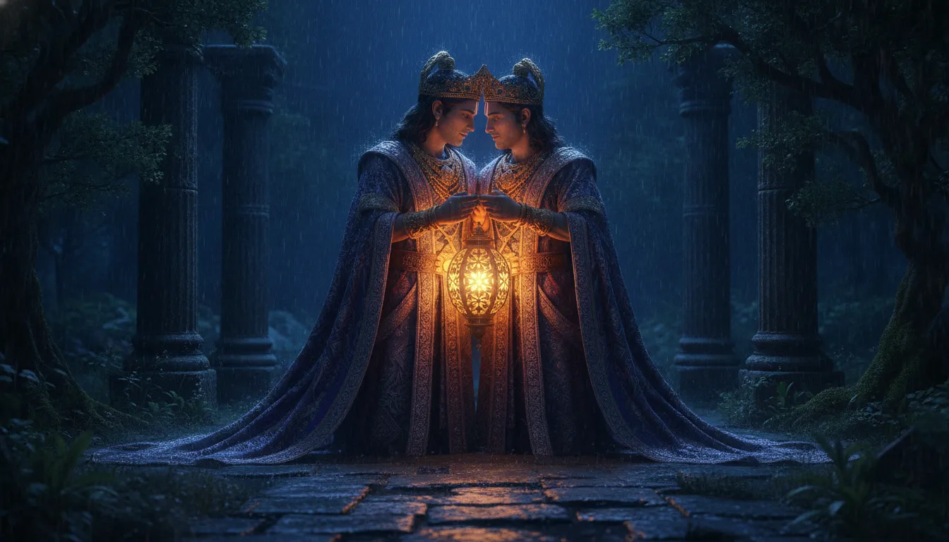 A dark night artwork of a divine couple holding a warm golden lantern together while standing in a gentle rainstorm.