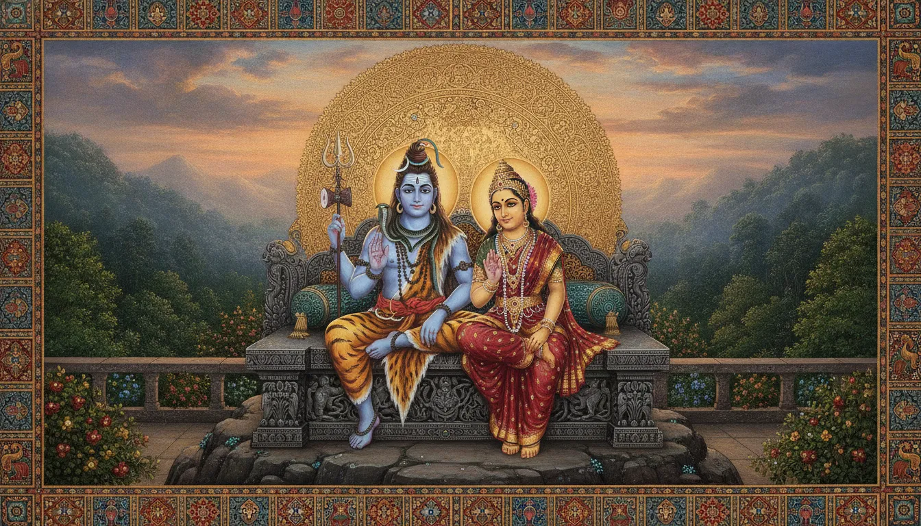 Traditional court scene painting of Shiva and Parvati with a large gold halo behind them