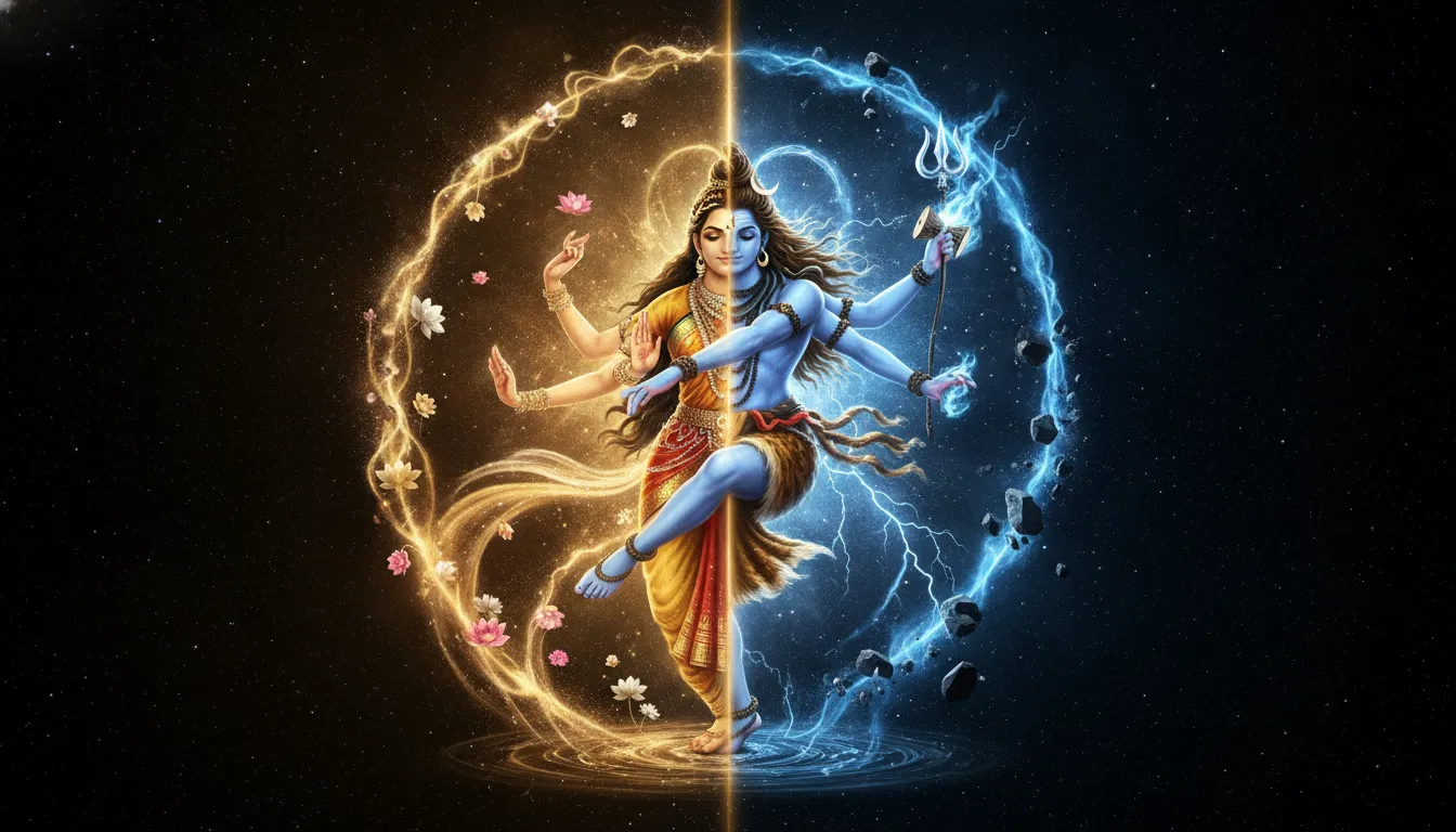 Split figure of Lord Shiva performing Tandava and Goddess Parvati performing Lasya in deep space