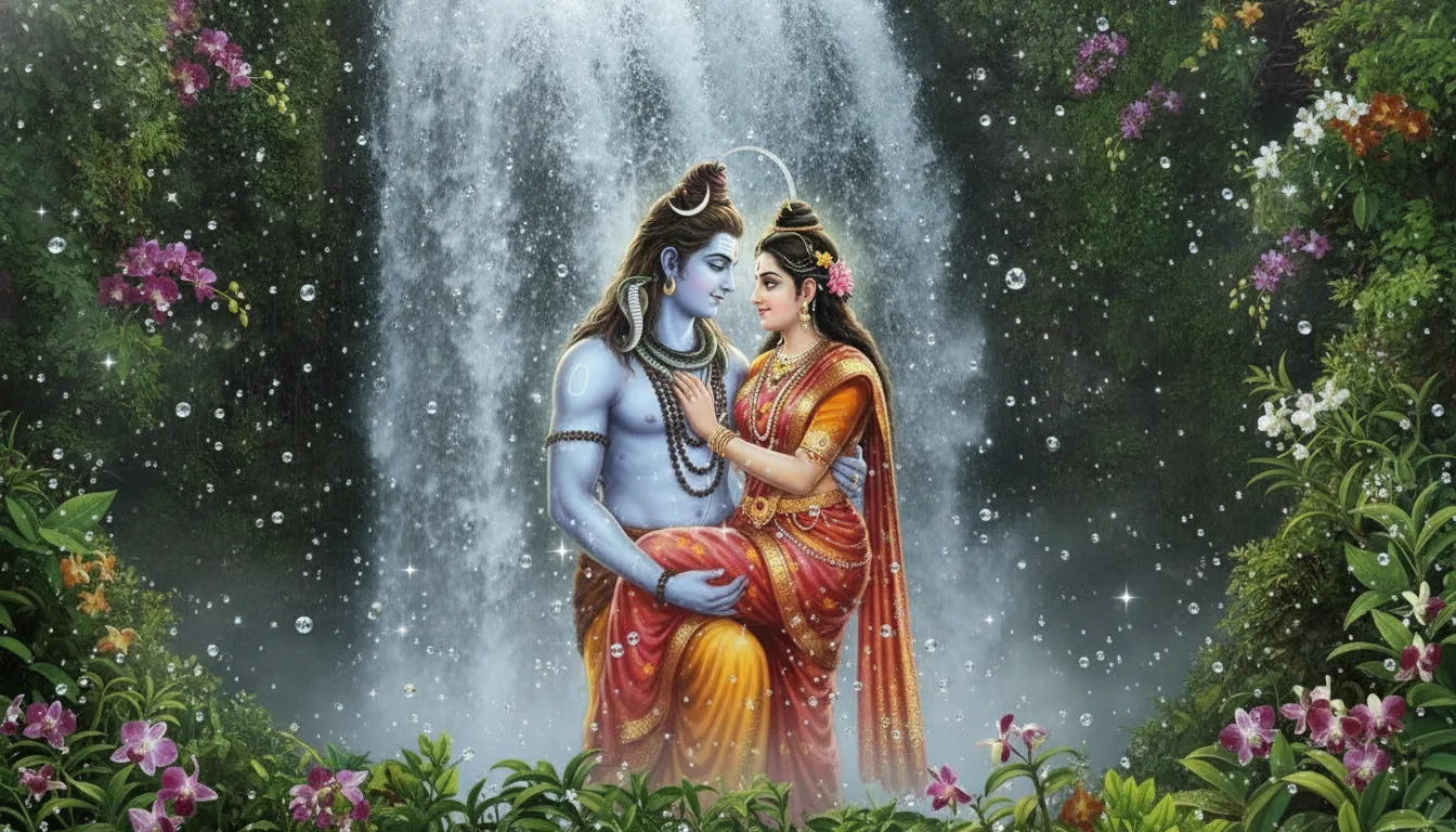 Lord Shiva and Goddess Parvati embracing tenderly by a beautiful rushing waterfall in Mount Kailash.