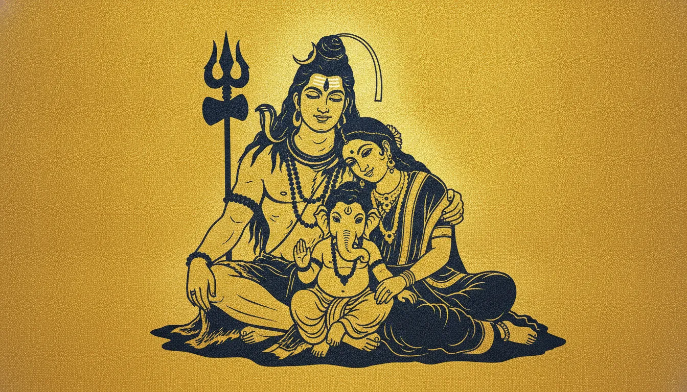 Silhouette art of Shiva Parvati and young Ganesha against a bright golden background