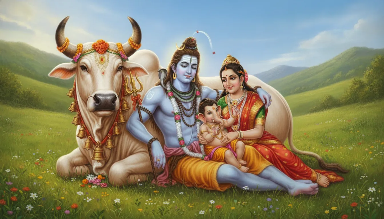 Lord Shiva Parvati and Ganesha resting against the sacred bull Nandi