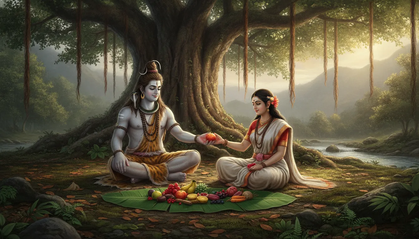 Parvati serving fresh woodland fruits to Lord Shiva on a large green leaf.