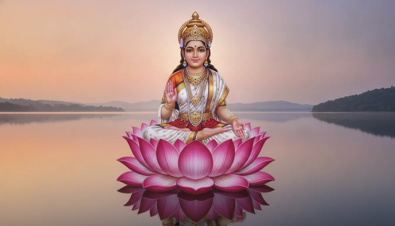 High quality digital art of a spiritual goddess figure seated on a giant floating pink lotus flower.