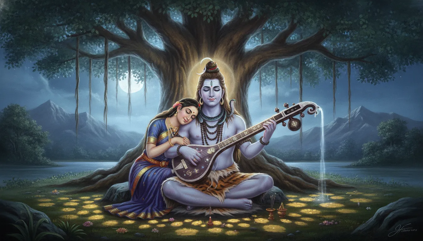 Lord Shiva playing a mystical instrument for Parvati under a banyan tree beneath the full moon