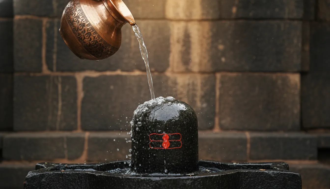 Holy Ganga Jal poured from a copper pot onto a textured black stone Shivling.