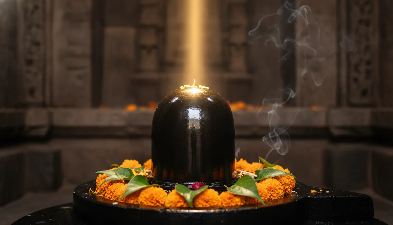 Sacred black shivling hd image with golden light reflection.