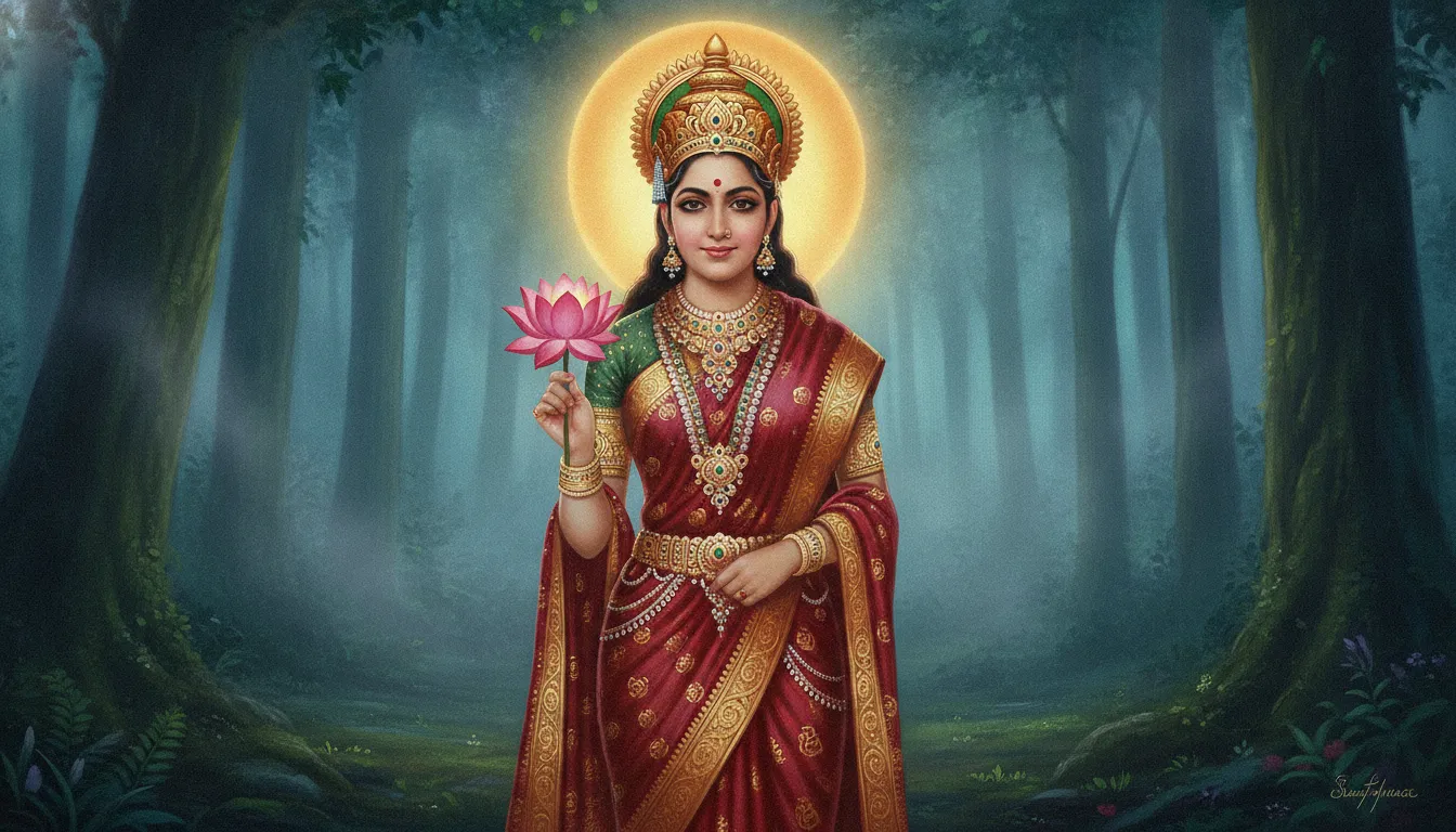 Digital painting of a divine goddess wearing a red saree with a glowing golden halo holding a lotus flower.