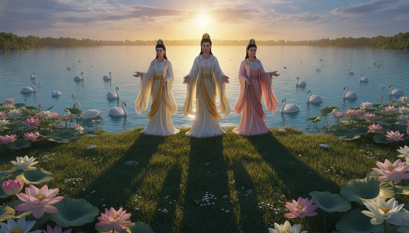 Devotional digital painting of three goddesses standing by a lake during a bright, sunny morning distribution of blessings.