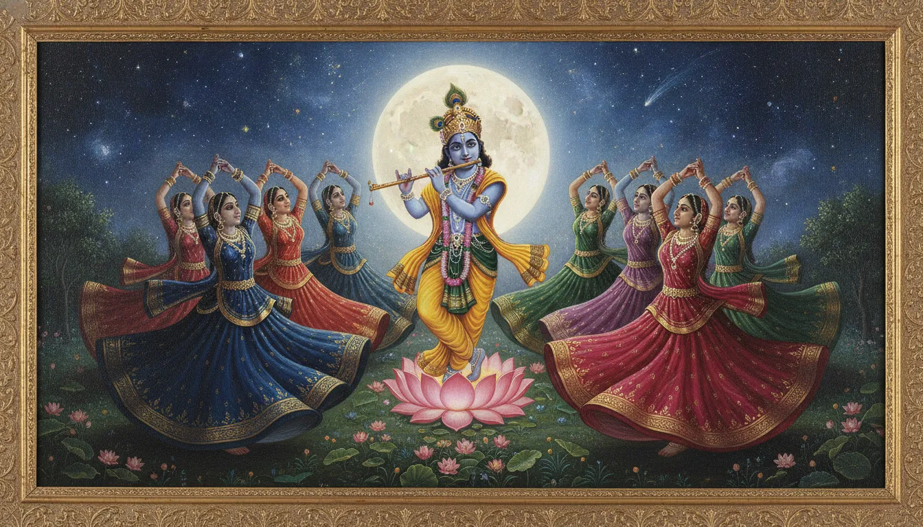 Traditional Indian women dancing around Lord Krishna playing his flute under the moonlight.