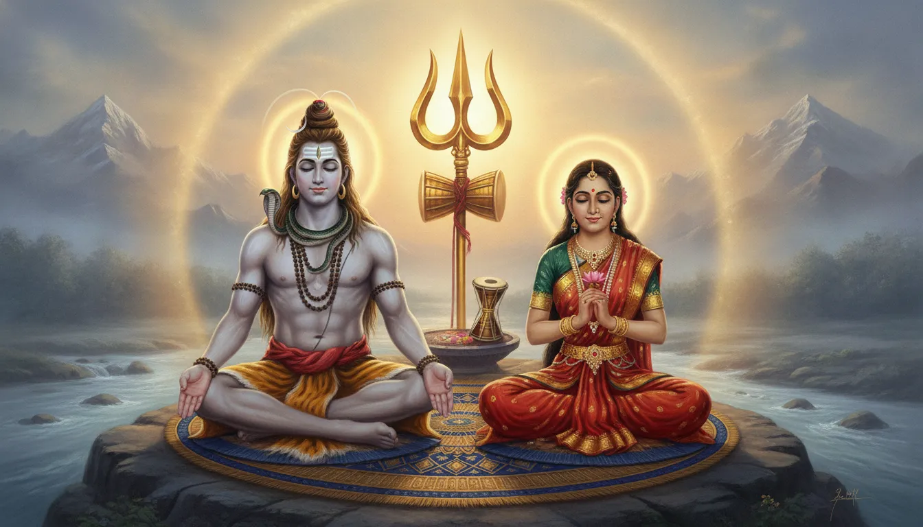 Shiva and Parvati meditating together with a glowing Trishul in the background