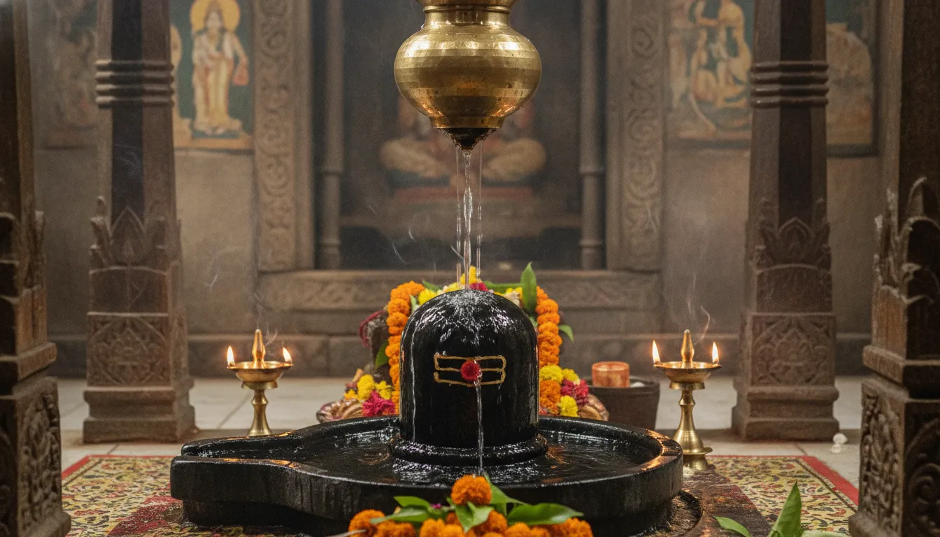Water dropping from an antique brass pot onto a black stone Shivling with glowing lamps around.