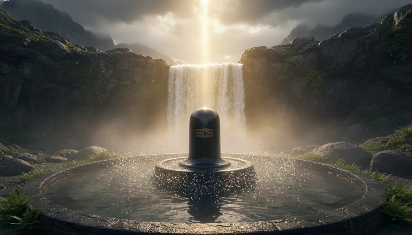 Majestic digital art of Lord Shivling in water Bahubali style with glowing divine light.