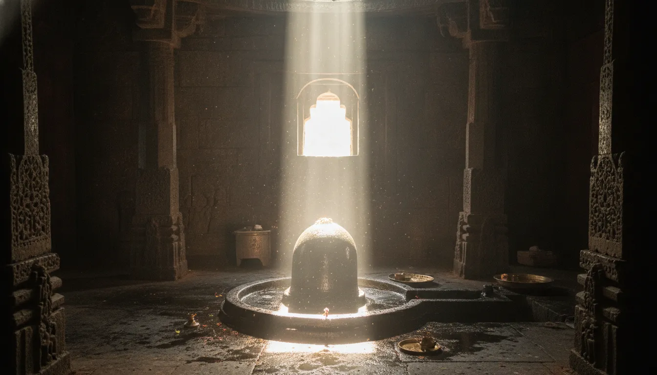 Natural morning sunlight rays entering the temple window and illuminating the Bhimashankar Shivling.