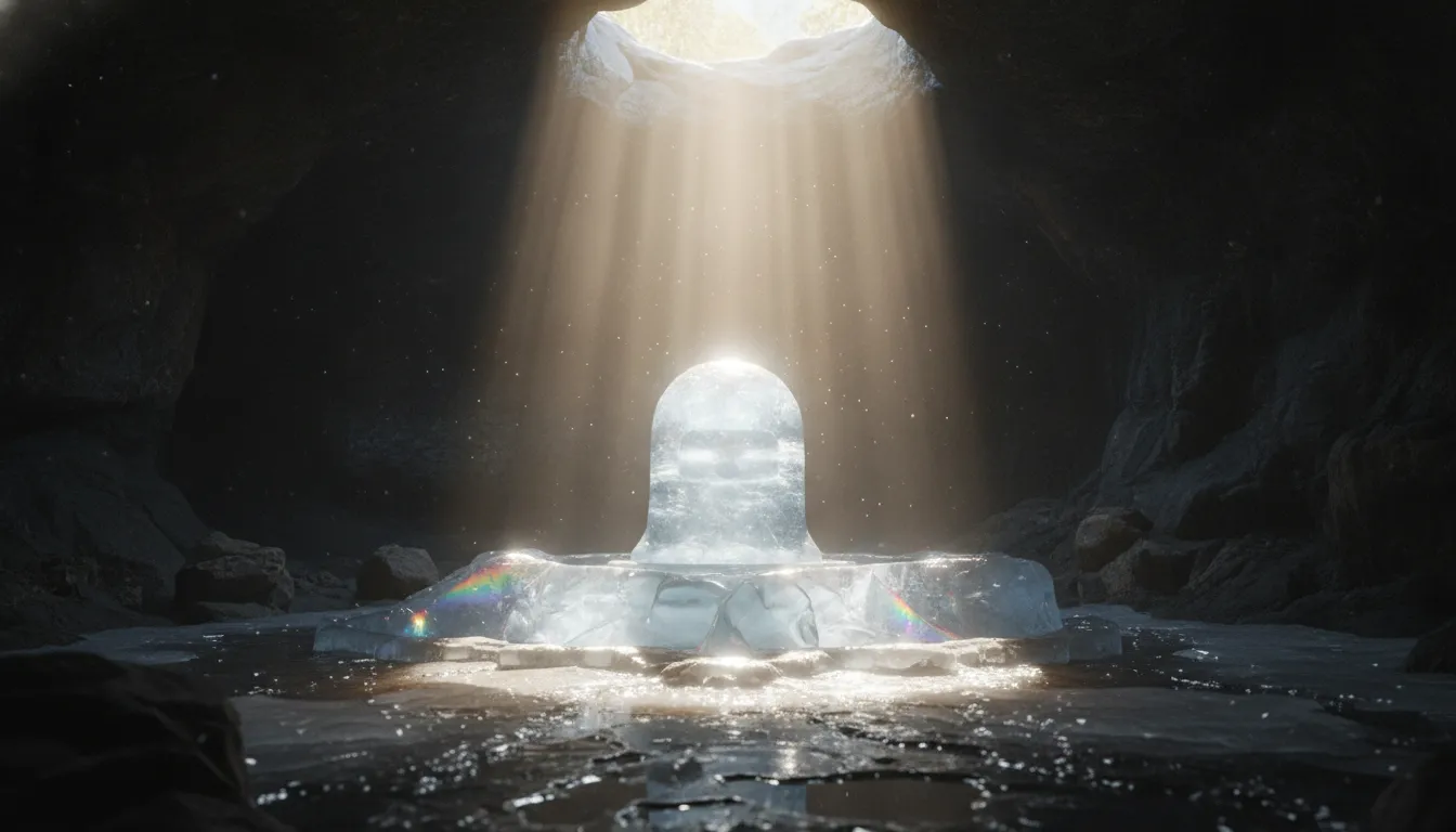 Heavenly sun rays and glowing divine light beams illuminating a pure ice shivling inside a cave.