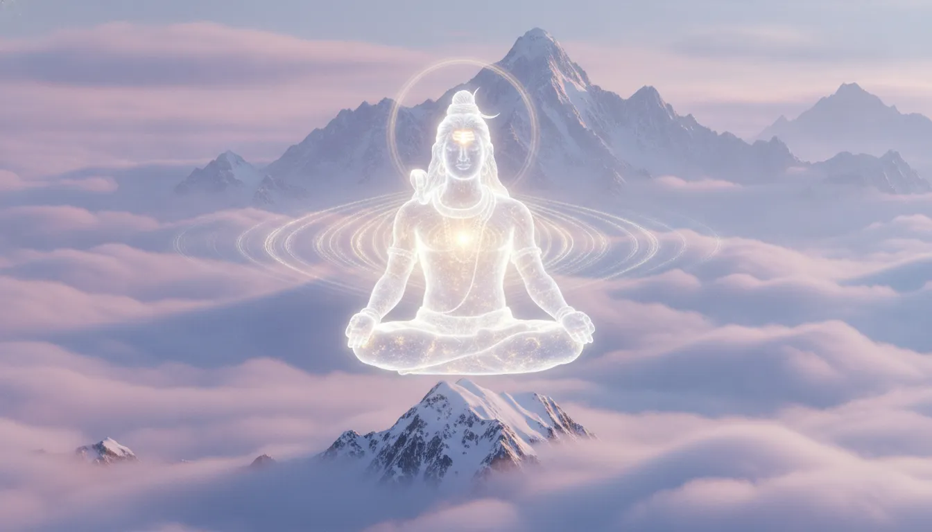 Lord Shiva surrounded by glowing spiritual energy and bright clouds in a high mountain setting.