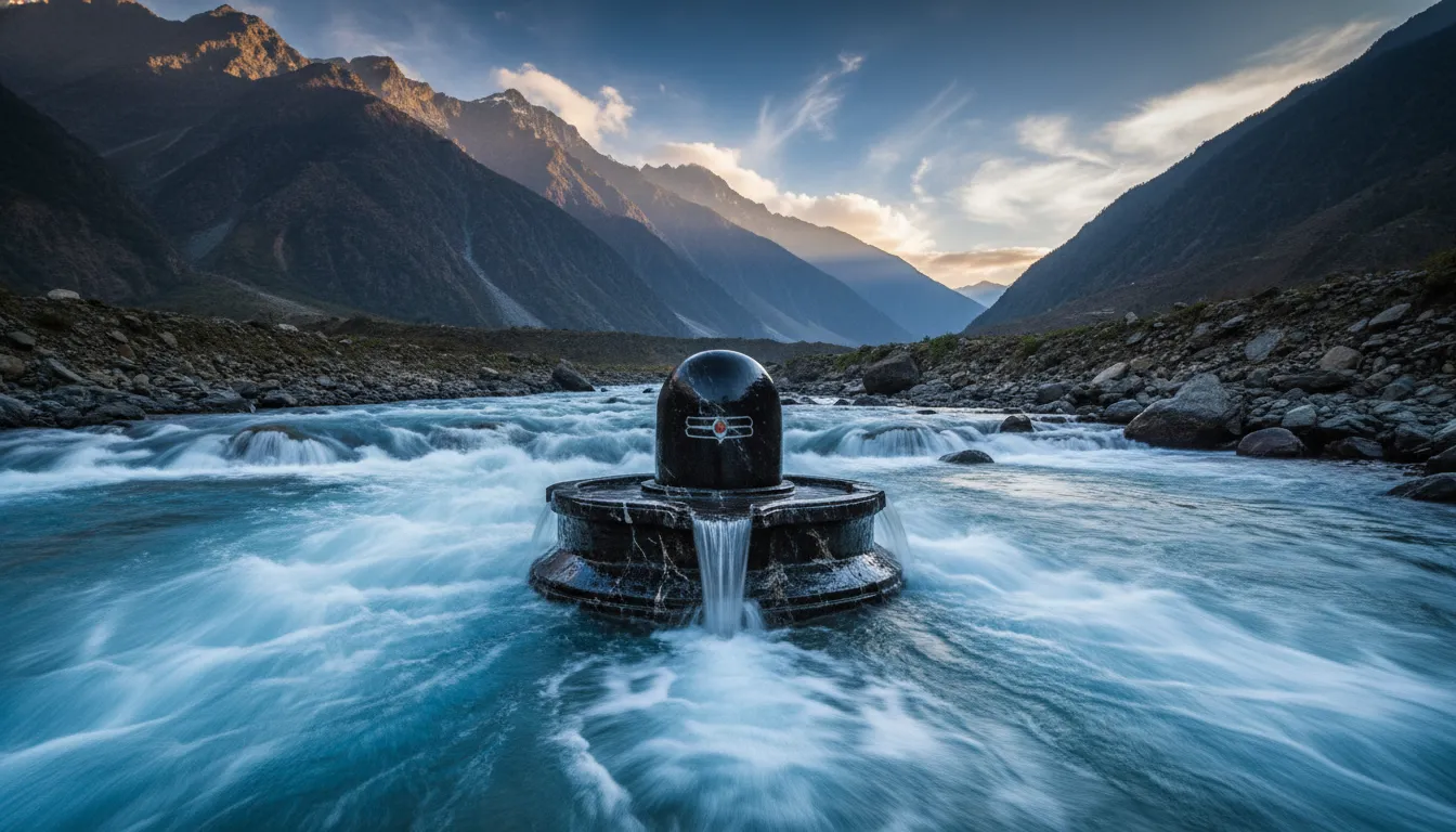 Lord Shivling in flowing river water with heavy currents inspired by Bahubali themes.