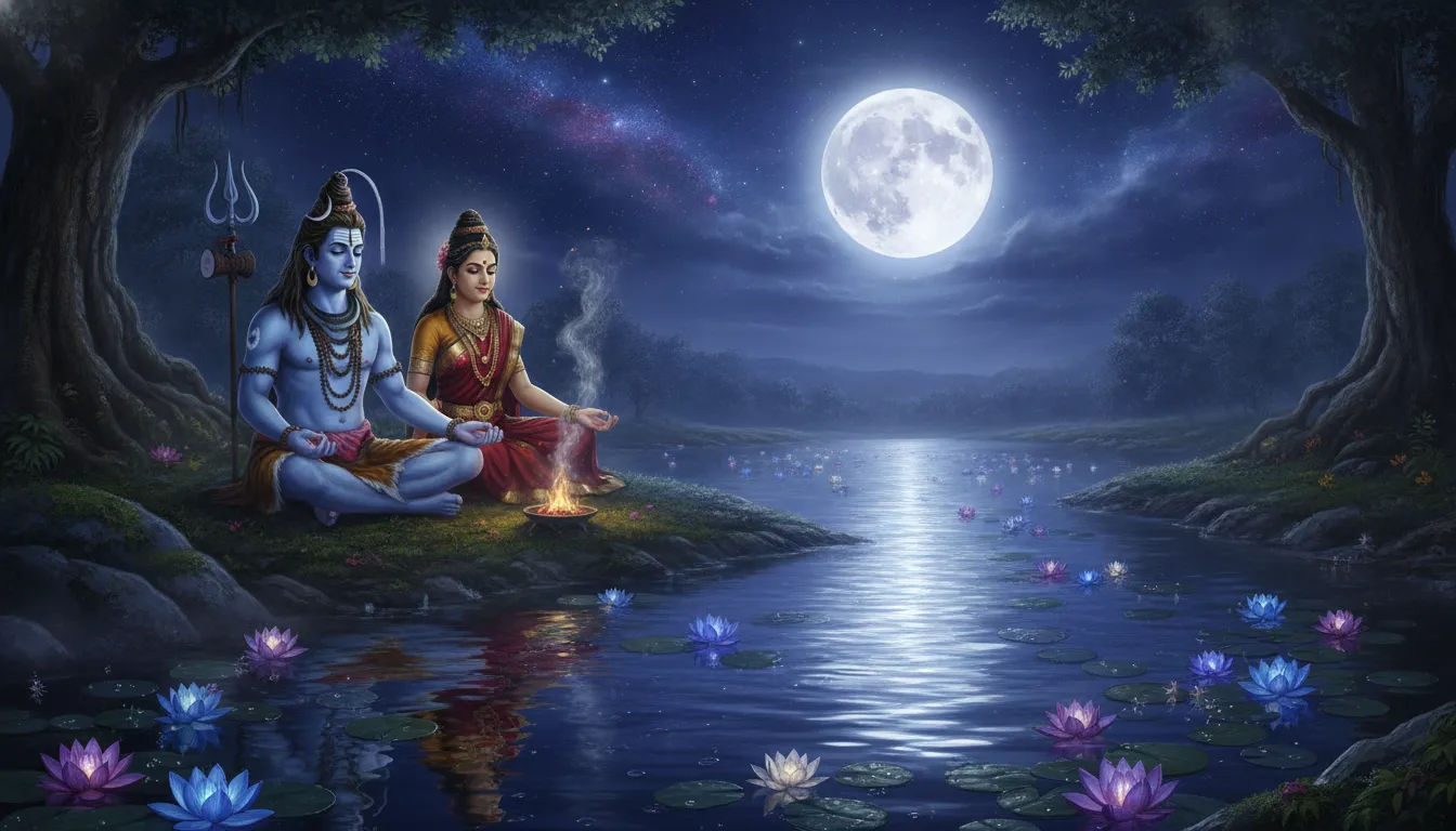 Lord Shiva and Goddess Parvati meditating calmly next to a flowing river under a bright full moon
