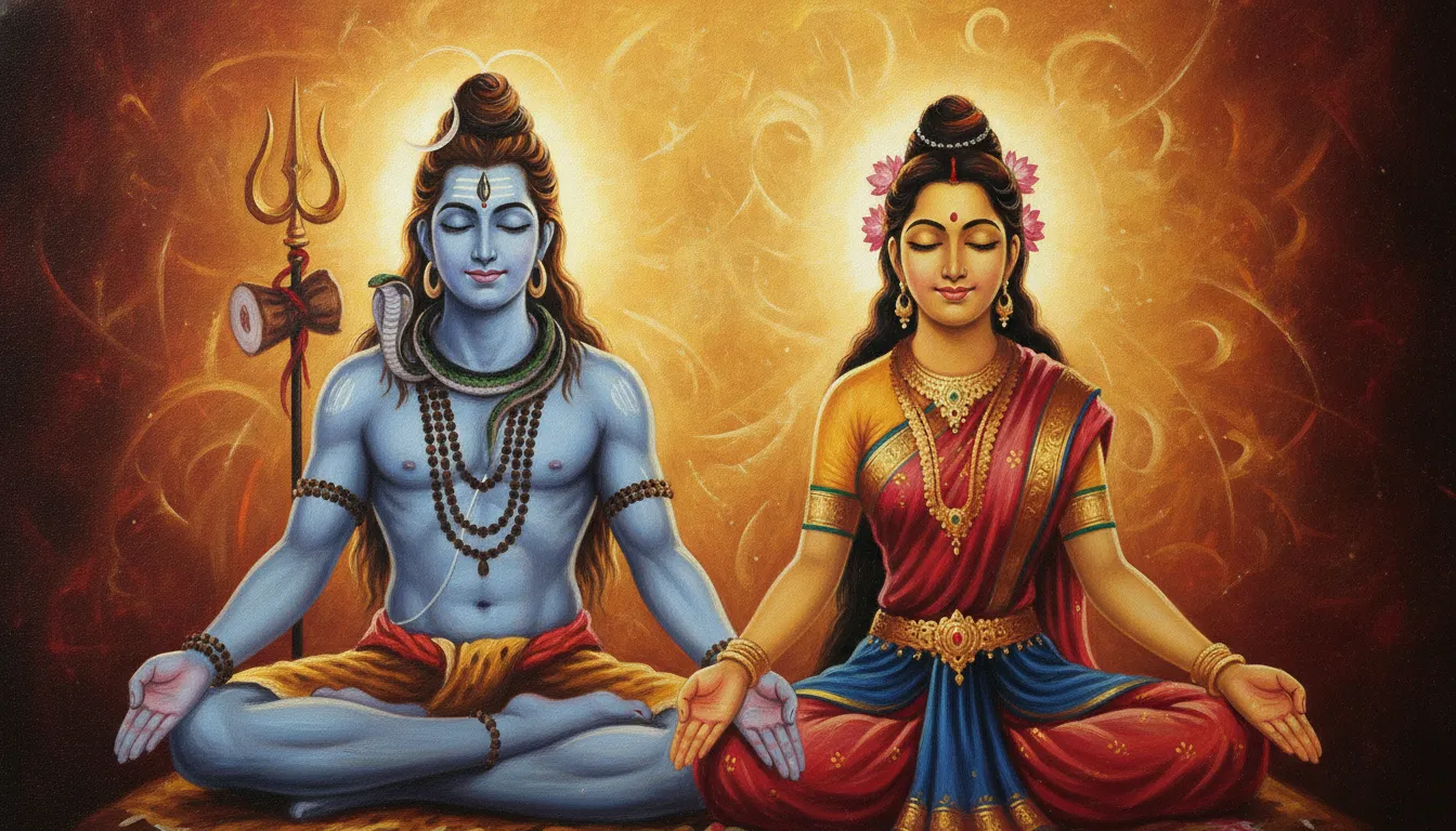 Painted image of Lord Shiva and Parvati sitting close together in warm golden tones