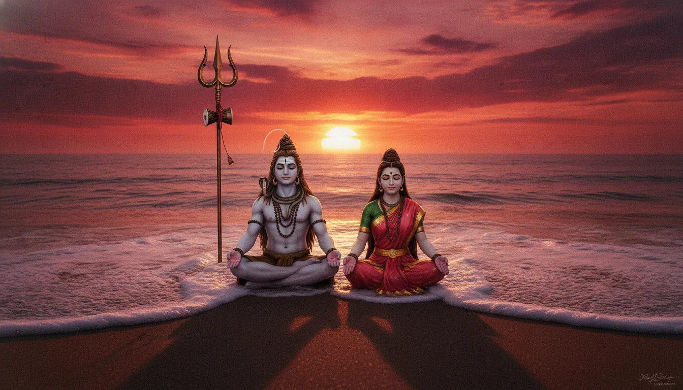 Lord Shiva and Parvati meditating side by side on ocean shore at golden sunset