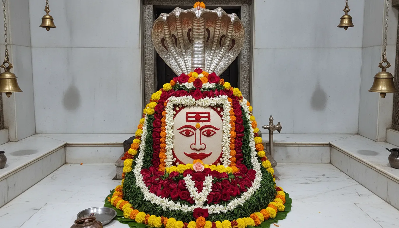 : Beautiful morning shringar decoration of Gola Gokarn Nath Shivling with flowers and chandan