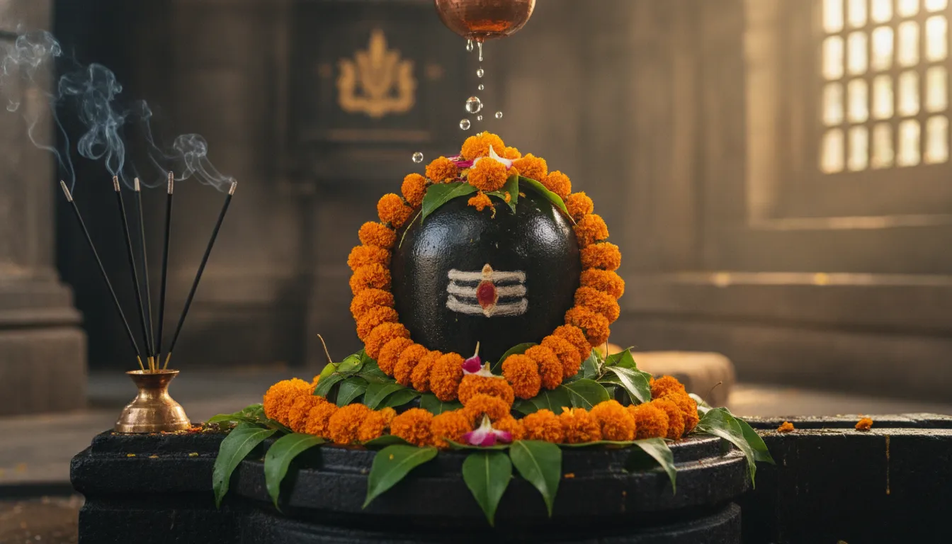 Nageshwar Shivling image glowing under the soft morning sunlight with fresh flowers.
