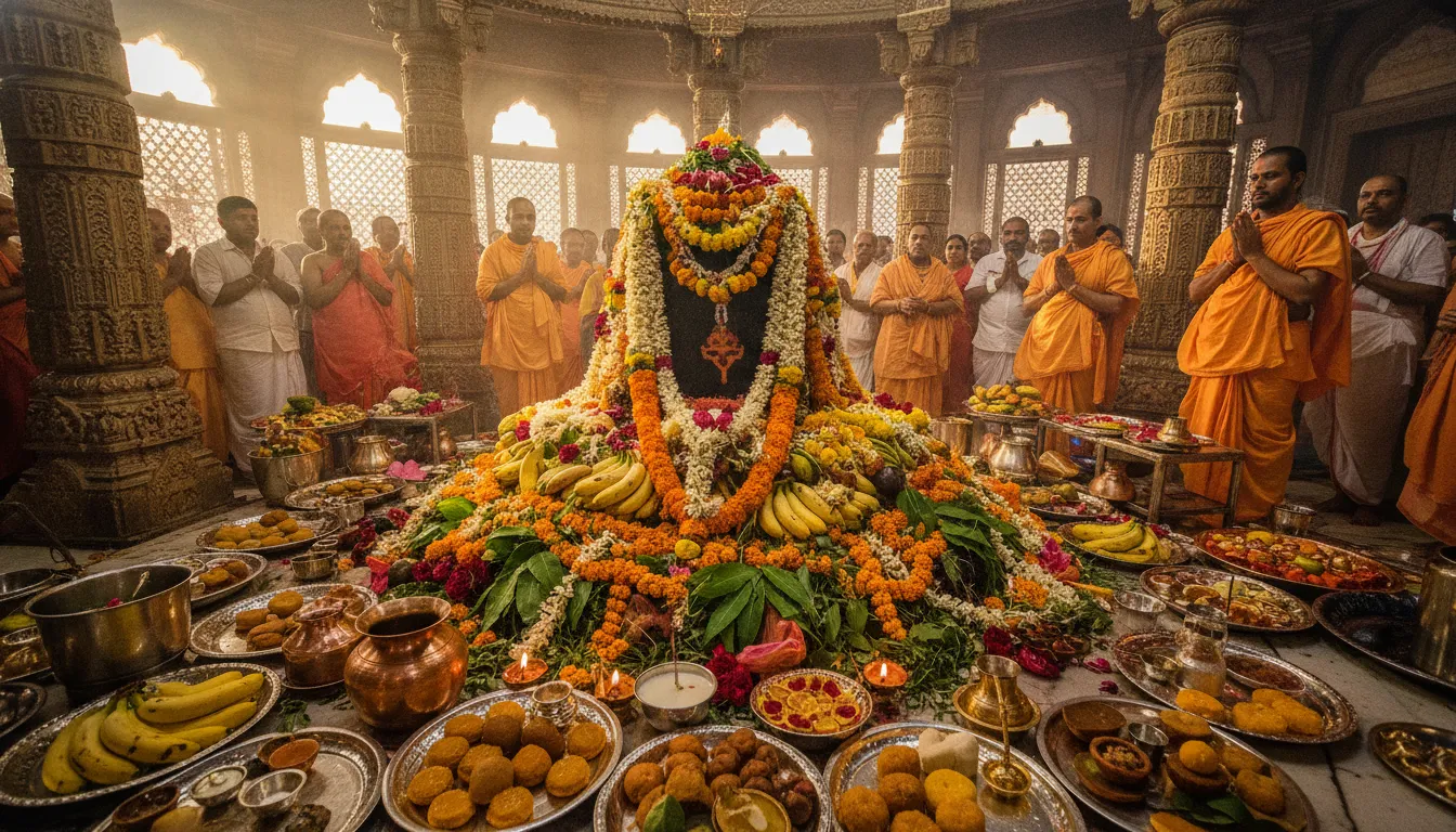 A close-up shot of various offerings made to the Kashi Vishwanath Shivling, including flowers, fruits, and diyas.