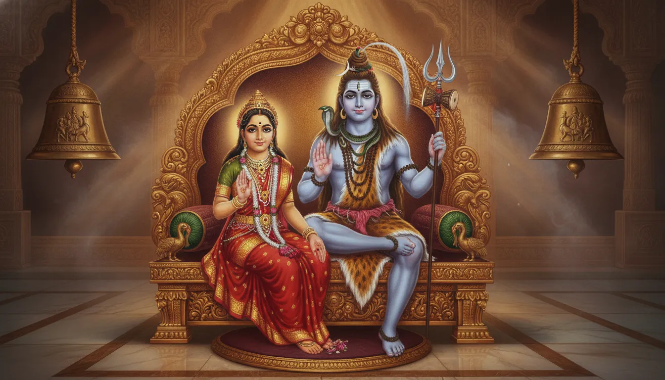 Shiva and Parvati sitting majestically on a golden throne with temple bells in background