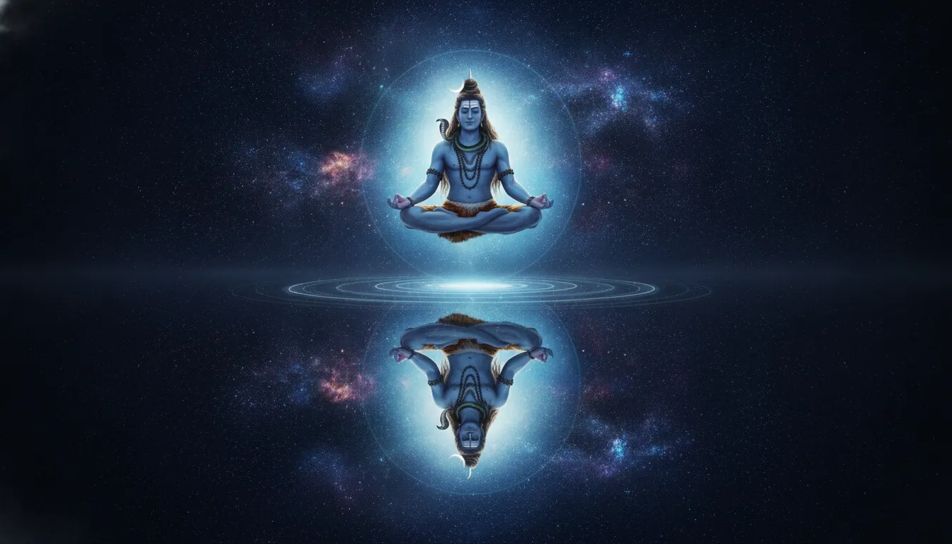 Surreal digital art of Shiva and Parvati meditating floating above a calm cosmic ocean under a starry sky