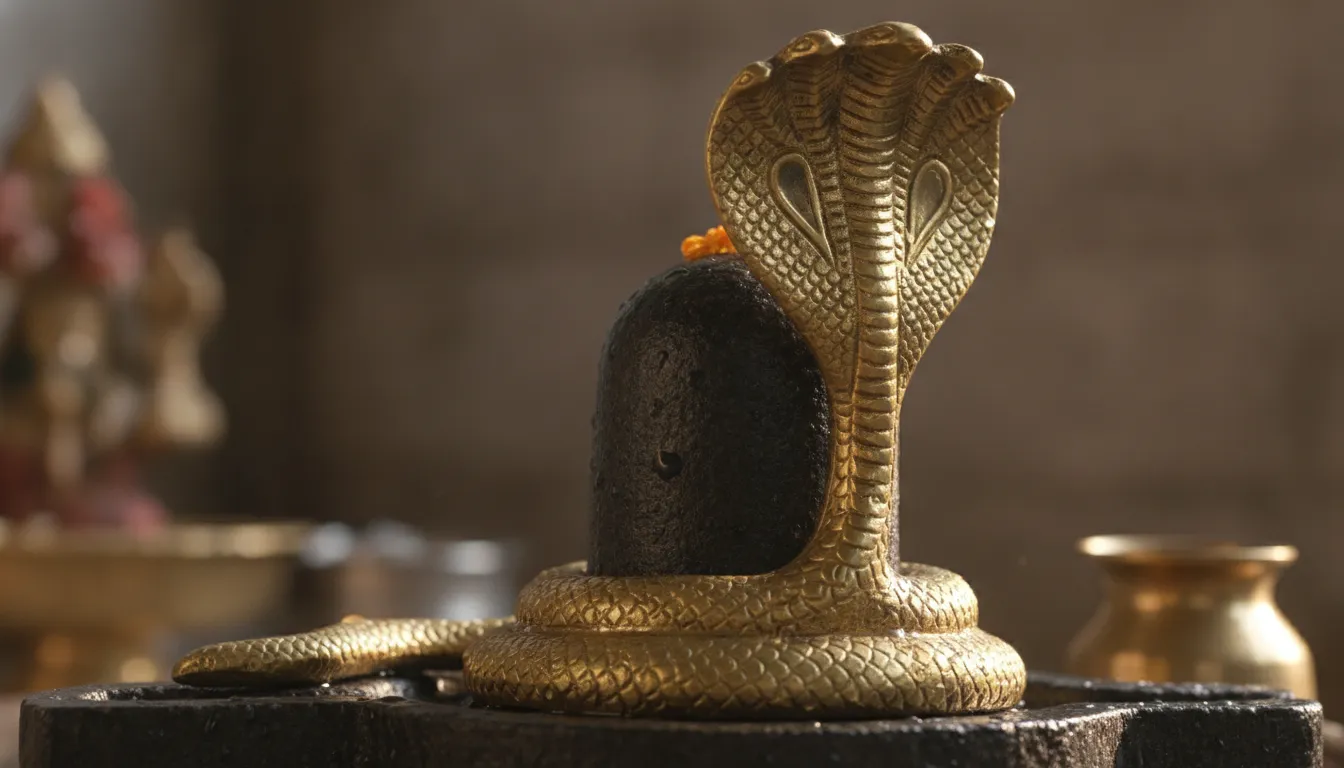 A high-definition shivling image featuring a polished brass snake idol wrapped around the stone.