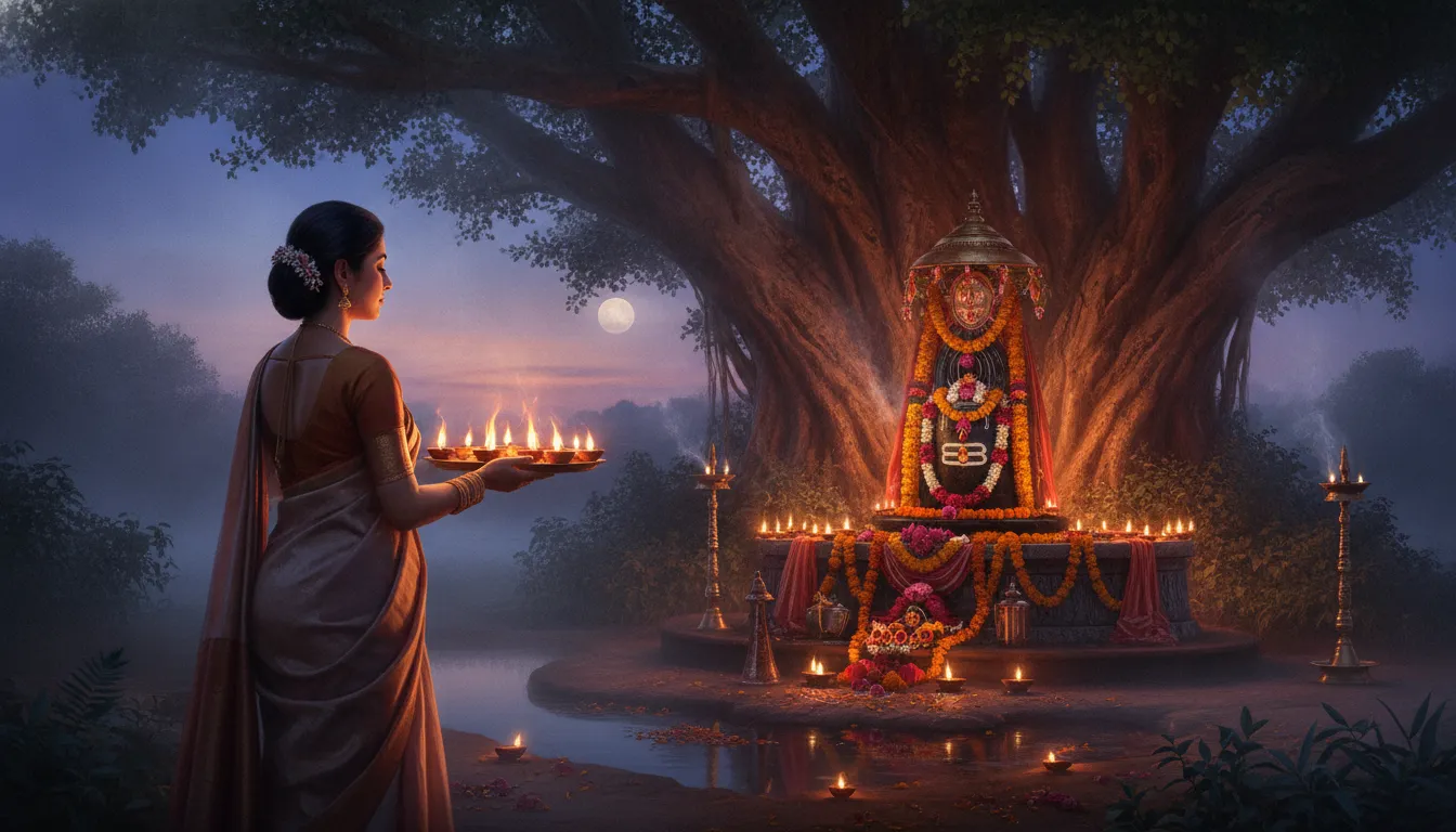 A photograph of a devotee performing evening aarti with multiple lit diyas (oil lamps) around a Shivling shrine at twilight.